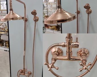 Copper Rain Shower System With Handheld Shower Faucet , Handheld Shower And Shower Head Combo,copper shower