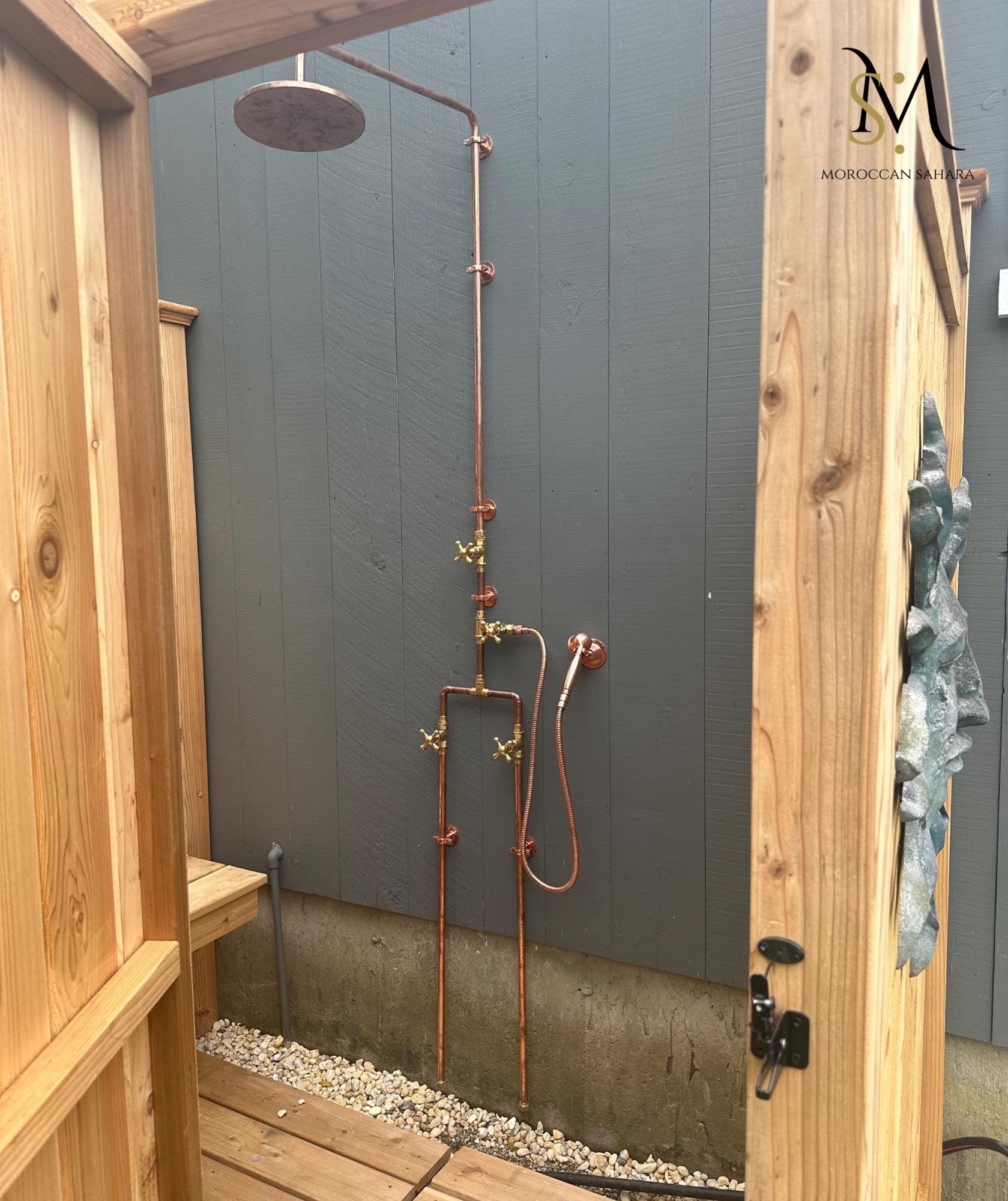 Solid Copper Shower Set of Complete Solid Copper and brass | RAW copper | Hot Cold Rain Shower + Heavy Duty Hand piece | Bespoke Handles