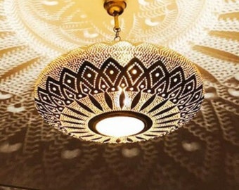 Hand-Engraved Moroccan Brass Pendant Light: Boho Lighting