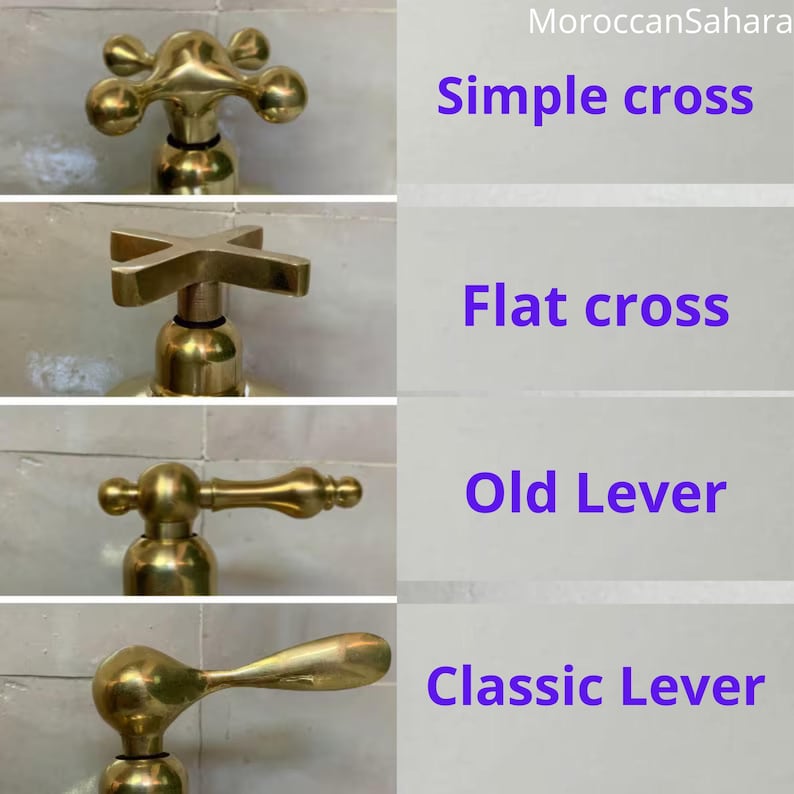 May include: A collage of four brass faucet handles. The handles are labeled "Simple cross", "Flat cross", "Old Lever", and "Classic Lever". The text "MoroccanSahara" is in the upper right corner.
