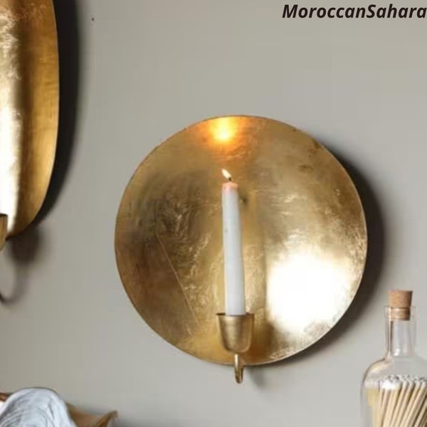 Juego de 2: candelabro de pared redondo de latón con hojas doradas, candelabro, regalo