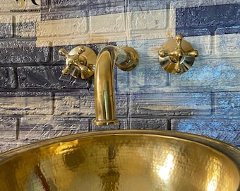 Handcrafted Unlacquered Brass Wall Mount Bathroom Faucet - Vintage Style