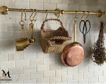 Unlacquered solid brass hanging pot and pan , kitchen rack organizer brass hanging hook , kitchen hanging Rail , hanging hooks for kitchen