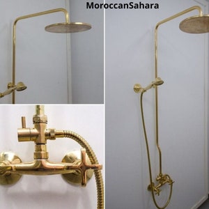 Unlacquered Brass Outdoor Shower System With Handheld & Round Shower Head | Engraved Antique Polished Brass Exposed Shower Head