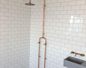 Solid Copper Shower Set of Complete Solid Copper and brass | RAW copper | Hot Cold Rain Shower + Heavy Duty Hand piece | Bespoke Handles
