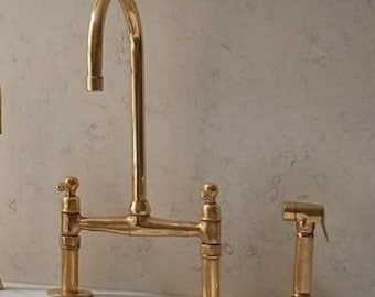 Unlacquered Brass Bridge Kitchen Faucet: Antique Style Solid Brass - 8&quot; Unlacquered Brass Bridge Kitchen Sink Faucet, Antique Brass,