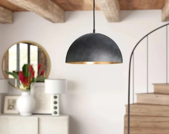 Hammered Brass Dome Pendant Light: Black Oxide Moroccan Ceiling Lamp