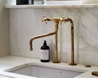 Unlacquered Solid Brass Bridge Faucet: Elephant Nose Vintage Sink