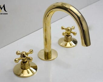 Unlacquered Solid Brass Bathroom Faucet: 3-Hole Deck Mount Vanity Sink