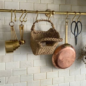 Unlacquered Brass Hanging Pot Rack with Hooks: Kitchen Organizer