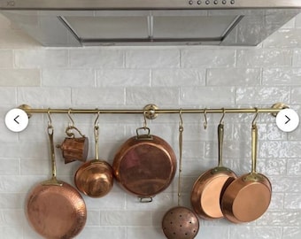 Handmade Unlacquered Brass Pot Rail: Vintage Kitchen Rack with S Hooks