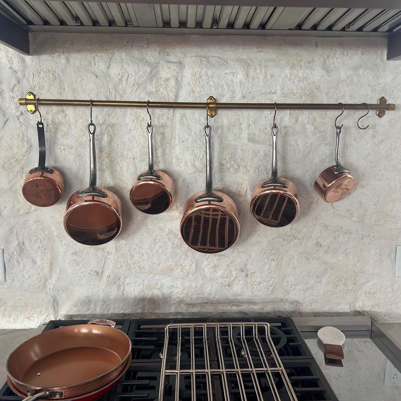 Vintage French Copper Cookware Set, 5 Piece Tin Lined Pots, 12cm-20cm, Vintage Hammered Pans with Cast Iron Handles