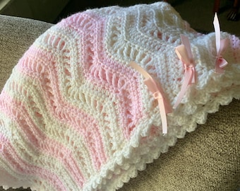 Crocheted Baby Blanket – Pink & White Ripple with Ribbons