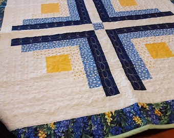 Log Cabin Quilted Table Topper: Blue, Yellow & Cream Cotton Accent