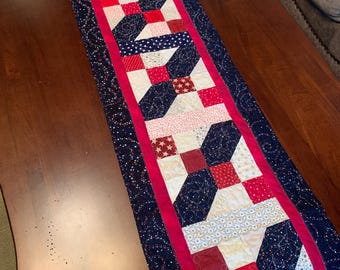 Red White Blue Quilted Runner, Star Fabric Table Decor (59" x 14")