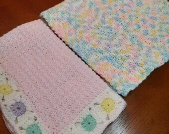 Two Pieced Crocheted Baby Blanket Set: Pink Flower Bordered & Variegated Scalloped Edge
