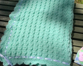 Crocheted Baby Blanket: Pale Sea Green with Ribbon & Heart Stitches (42" x 31")