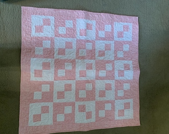 Pink & White Handmade 34" x 33.5" Quilted Hearts Quilt