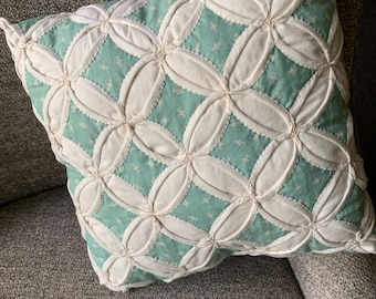Hand Stitched Cathedral Window Pillow: Soft Pastel Green, Cream Accent (15")