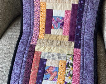 Quilted Log Cabin Runner: Butterfly, Orchid, Pink, Gold Fabric (37.5" x 12.5")
