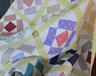 Colorful Patchwork Quilt: Yellow Sashing, Machine Quilted (67.5x52")