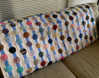 Return of a Great Favorite - A Very Multicolored Yo Yo Strip Lap Quilt 58" x 43.5"