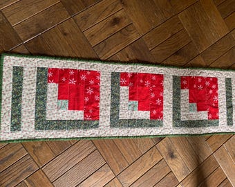 Old Fashioned Log Cabin Blocks Made into a Table Runner for Christmas  45"x13"