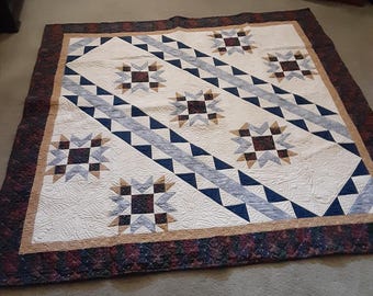 Handstitched Star Quilt: Navy, Blue & Gold on Cream (62 x 62")