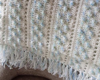 Bubble Crocheted Baby Blanket: Blue, Green & White Polyester (56x32.5 inches without fringe)