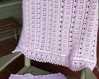 Two Piece Crocheted Baby Blanket & Lovie Set: Soft Pink, White Ribbon