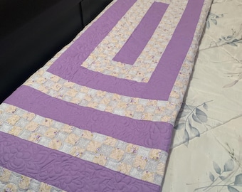 Rectangular, Soft Orchid and Olive Green Prints Quilt with Rounds of Color