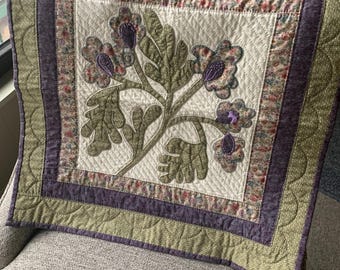 Hand Quilted Small Quilt Piece to Use for Decoration-Orchid, Olive Green, & Cream