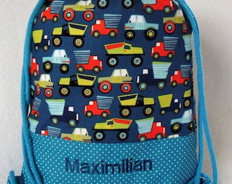 Gym bag "Vehicles", backpack with name