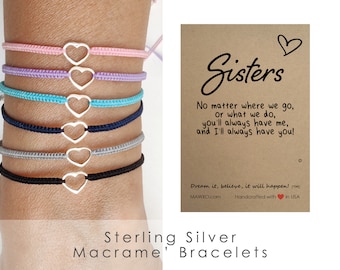 Sister Birthday Gift Sister Bracelet Sister Gifts Sister Connected by Heart Sterling Silver Open Heart Bracelet Macrame' Bracelet Sister