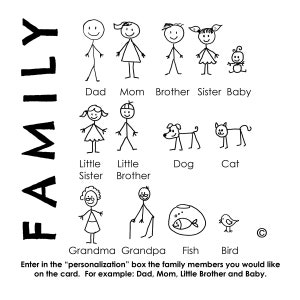 Pu&ograve; includere: Un'illustrazione in bianco e nero di una famiglia con figure stilizzate. La famiglia comprende un padre, una madre, un fratello, una sorella, un bambino, una sorellina, un fratellino, una nonna, un nonno, un cane, un gatto, un pesce e un uccello. Il testo "FAMILY" &egrave; scritto verticalmente sul lato sinistro dell'immagine. Il testo "Inserisci nella casella "personalizzazione" i membri della famiglia che desideri sulla carta. Ad esempio: Pap&agrave;, Mamma, Fratello minore e Bambino." &egrave; scritto nella parte inferiore dell'immagine.