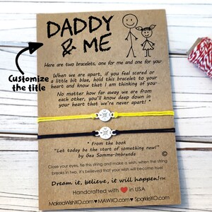 Pu&ograve; includere: Due braccialetti dell'amicizia con cordino giallo e nero e ciondoli a forma di bussola. La carta recita "Pap&agrave; & Io" e include un messaggio sui braccialetti come promemoria di amore e connessione. La carta include anche il testo "Sognalo, credici, accadr&agrave;!" e "Dal libro "Che oggi sia l'inizio di qualcosa di nuovo!" di Gea Somma-Imbrenda"