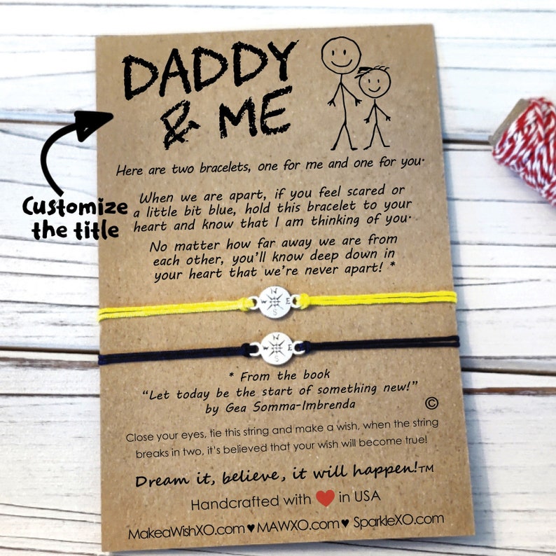 Pu&ograve; includere: Due braccialetti dell'amicizia con cordino giallo e nero, legati insieme con un ciondolo a forma di bussola. La carta recita "Pap&agrave; & Io" e include un messaggio sui braccialetti che rappresentano un legame che &egrave; sempre vicino, indipendentemente dalla distanza. La carta include anche la citazione "Che oggi sia l'inizio di qualcosa di nuovo!" di Gea Somma-Imbrenda.