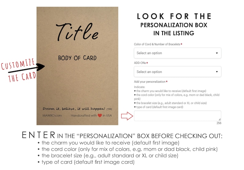 May include: A customizable card with the text "Title" and "Body of Card". The card is brown and has the text "Dream it, believe, it will happen!" at the bottom. The image also shows a screenshot of a website with a personalization box for customizing the card.