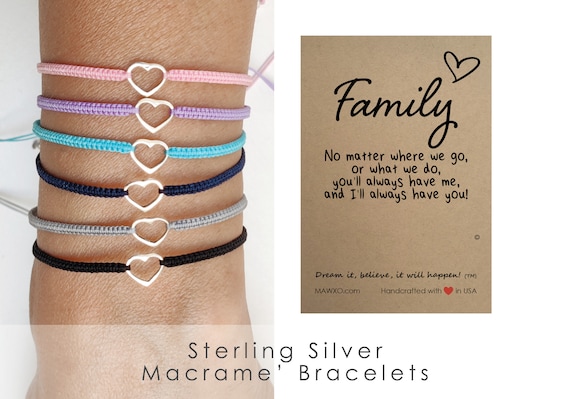 Family Bracelet Mom Gift Sterling Silver Open Heart Bracelet Macrame Daughter Bracelet Mother Daughter Bracelet Gift for Mom Wish Bracelet Etsy