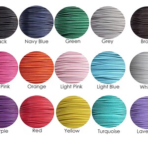 May include: A selection of 15 different colors of elastic cord, including black, navy blue, green, grey, brown, hot pink, orange, light pink, light blue, white, purple, red, yellow, turquoise, and lavender.