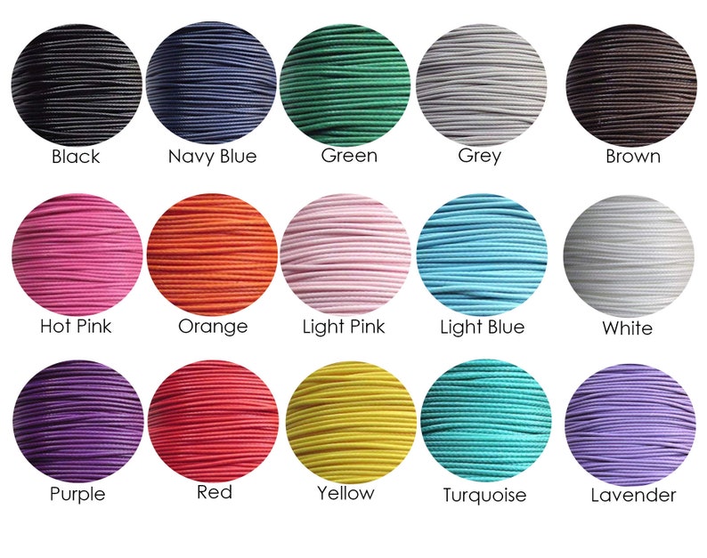 May include: A selection of 15 different colors of elastic cord, including black, navy blue, green, grey, brown, hot pink, orange, light pink, light blue, white, purple, red, yellow, turquoise, and lavender.