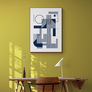 Opera d'arte originale monocromatica in stile Bauhaus. Mid-Century Modern - Arte murale minimalista - Stampa blu inchiostro. Opera di grandi dimensioni