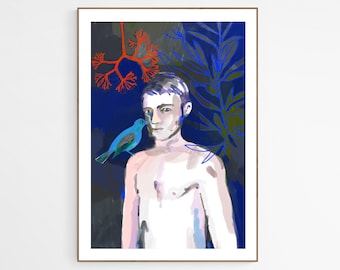 Impression d'art figuratif. Art masculin - Garçon avec corail et oiseau bleu. Impression à partir de la peinture originale. uvres d'art originales.