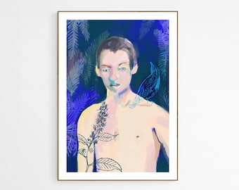 Figurative Art Print. Male Art - Boy with a bird. Print from original Painting. Original Art.