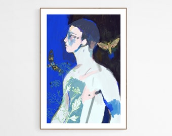 Original Art, Figurative Art Print. Male Art - Boy with moths print. Print from original Painting