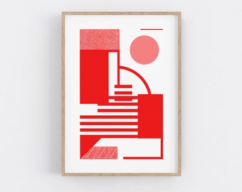 Red Screen Print Art. Bauhaus Print - Geometric Mid Century Modern Serigraph, Office Decor - Minimalist Wall Art - Small Print