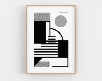 Black and white screen print in a Bauhaus style. Geometric mid century modern serigraph, office decor. Minimalist wall art. Small print