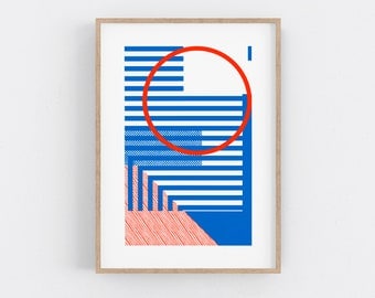 Original Serigraph. Blue and Red Bauhaus Print - Mid Century Modern Serigraph, Office Decor - Minimalist Wall Art - Abstract Art