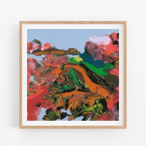 May include: Abstract painting with swirling colors of red, orange, green, blue, and black. The background is a light blue.