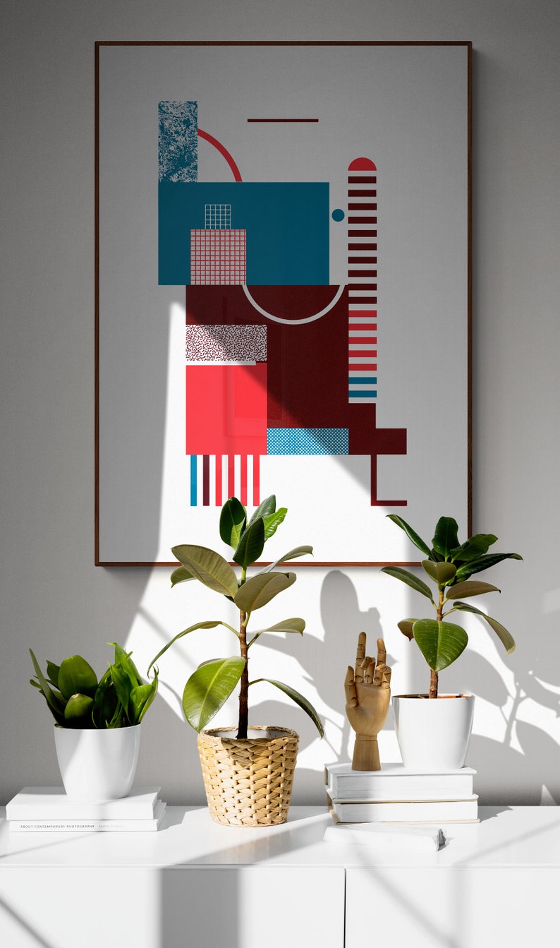 Impression dart de style Bauhaus en rouge et bleu. Art original. Art mural moderne et minimaliste du milieu du siècle. Oeuvre géométrique. image 7